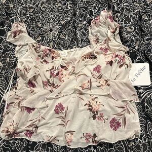 Floral Ruffle Crop Top in Light Cream and Pink